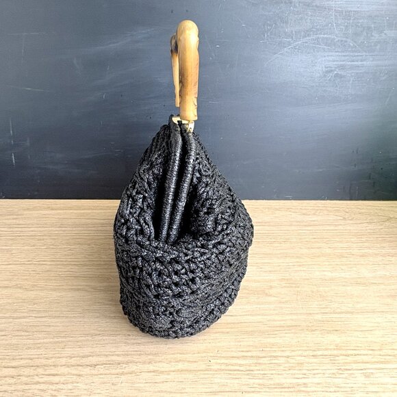Black raffia woven handbag with wooden handle - made in Italy - vintage - Picture 4 of 11